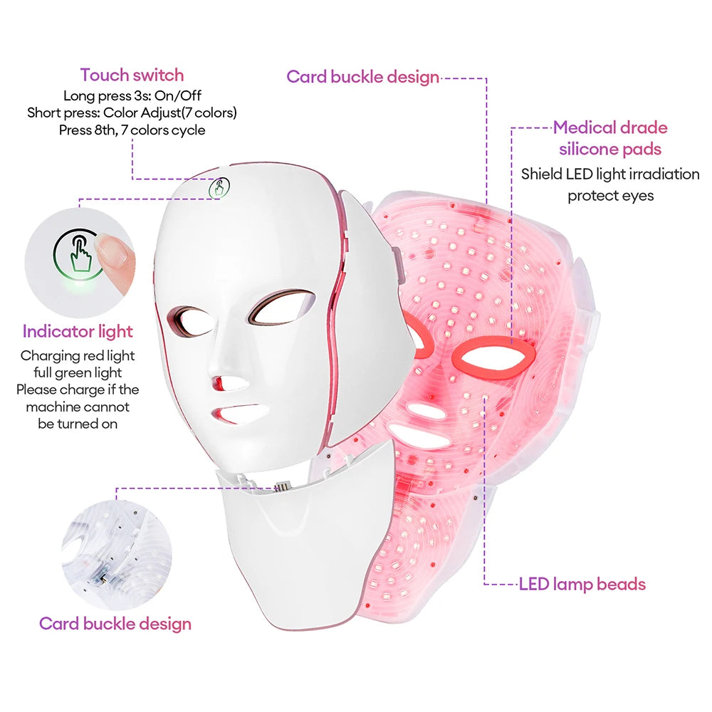 7 Colors Photon Facial LED Mask Red Light Therapy Anti Aging Face Neck Beauty Mask Relaxation Treatment Anti-Wrinkle Skin Care